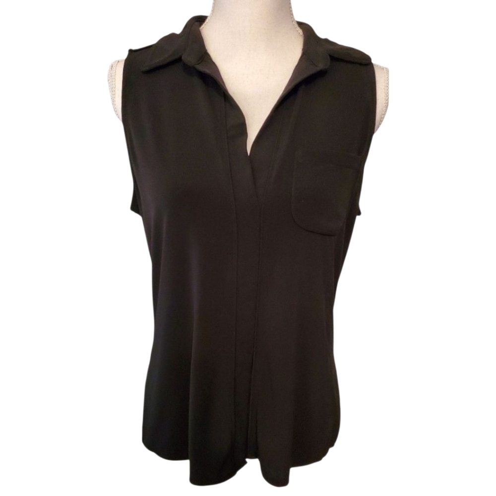 INC Women's Collared Pullover Black Sleeveless Flowy Top  Size L
